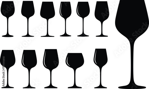 Wine glass silhouette collection, alcohol drinkware shapes, bar restaurant glassware set, black vector icons, beverage design elements