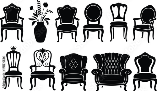 Vintage classic chairs collection with ornate armchairs, decorative seats and floral vase, black silhouette vector illustration isolated on white background