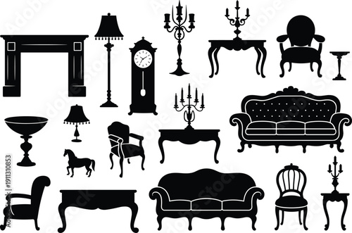 Vintage classic interior furniture collection with ornate sofa, armchairs, fireplace, clock and chandeliers, black silhouette vector illustration isolated on white background