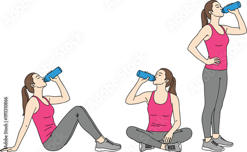 Woman drinking water illustration, fitness hydration poses, healthy lifestyle exercise recovery, workout break concept, sports wellness, flat vector design
