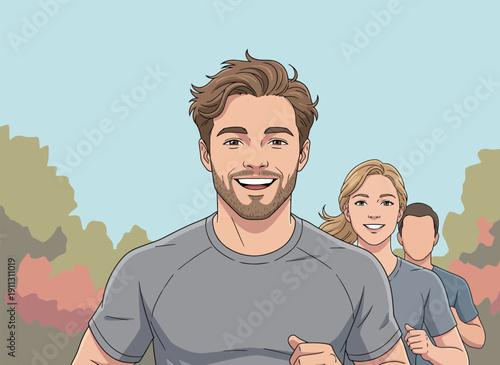 Three people run together in a park with green trees and blue sky. They smile as they enjoy their exercise routine.