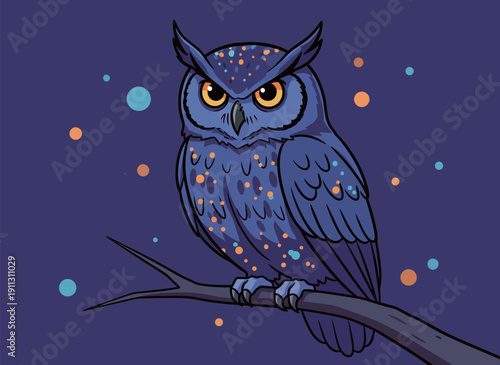 An owl perches on a branch at night. The sky is dark with colorful dots resembling stars. The owl has bright eyes and detailed feathers.