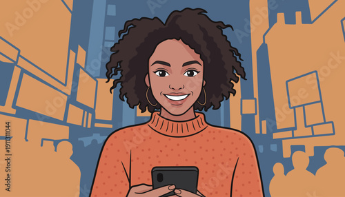 A woman with curly hair smiles while using her phone in a crowded city area with tall buildings around her.
