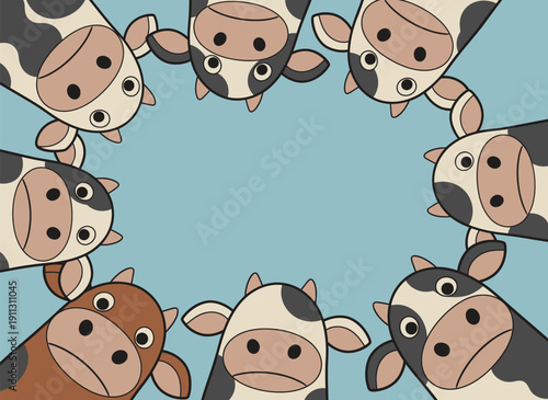 A group of cartoon cows forms a circle with their faces visible. They look at the viewer against a blue background.