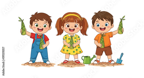 Three cheerful cartoon children, two boys and one girl, stand on dirt patches holding fresh bamboo shoots, with gardening tools nearby.