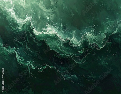 Swirling, abstract ocean waves rendered in shades of green
