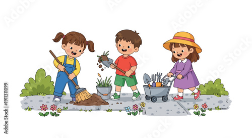 Three cheerful children actively participate in gardening, sweeping soil, planting, and transporting tools along a path with bushes and flowers.