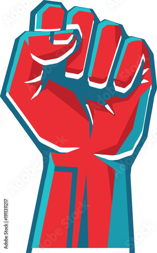 Bold Raised Fist Protest Symbol Illustration, Red and Teal Power Hand Graphic Representing Strength, Unity, Activism and Social Justice Movement
