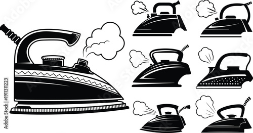 Vintage steam iron silhouettes vector set, classic household ironing appliance collection, retro laundry equipment icons, domestic electric iron illustration isolated