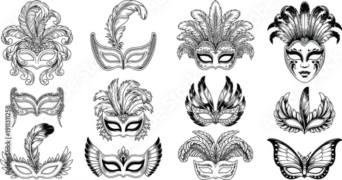 Elegant Venetian Carnival Masks Collection, Vintage Feathered Masquerade Mask Set with Ornamental Details for Festival Party and Decorative Design