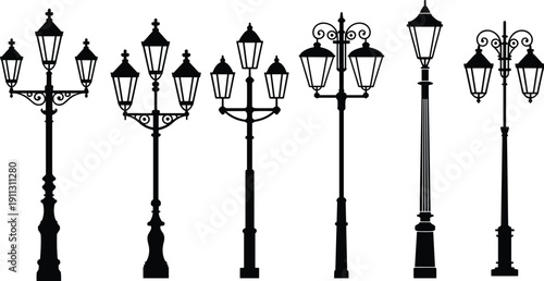 Vintage street lamp post black silhouette set, classic ornamental city lighting poles collection, decorative outdoor lantern vector illustration isolated on white background