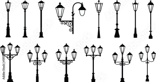 Vintage street lamp silhouettes vector collection, classic urban lantern posts set, decorative outdoor lighting icons, retro lamppost illustration isolated design elements pack