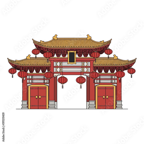 Traditional Chinese Temple Gate Illustration Featuring Red Lanterns and Ornate Roof Details