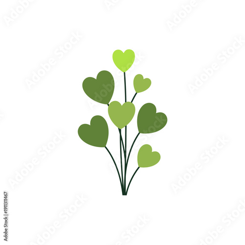 A bouquet of green hearts on stems, symbolizing love and care for the environment, viewed from a straightforward perspective.