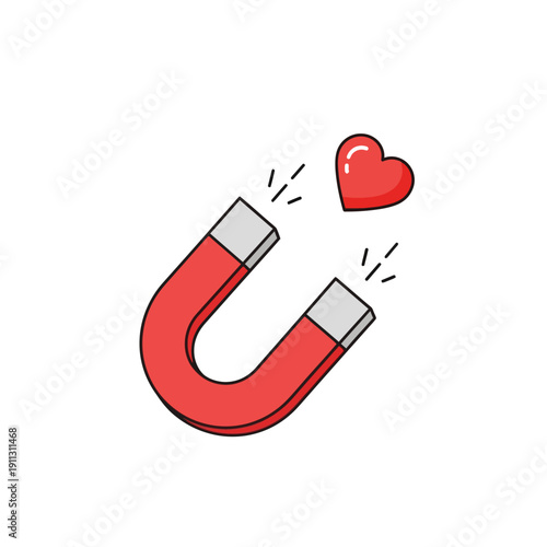 A red horseshoe magnet attracting a heart symbol in a simple illustration style