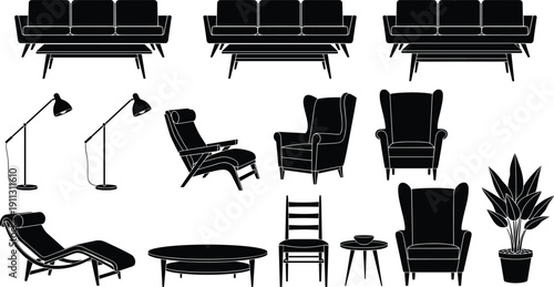 Modern living room furniture icons set, sofas armchairs lamps tables plants silhouettes, minimalist interior design elements collection