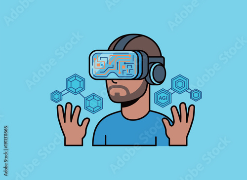 A person wears a virtual reality headset and raises hands while engaging with digital elements in a bright space.