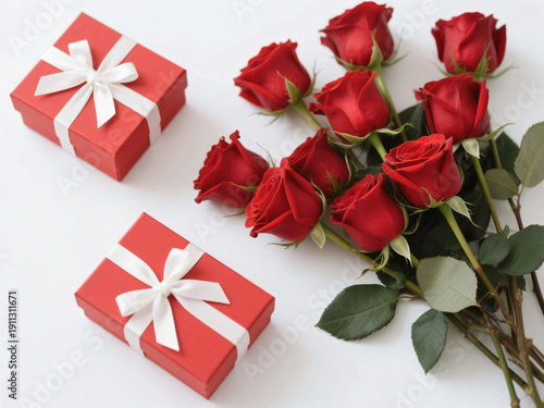 Wallpaper Mural Top-down flatlay composition of fresh red roses arranged naturally beside a minimalist red gift box with a white ribbon, set on a pure white background. Balanced spacing, elegant negative space, edito Torontodigital.ca