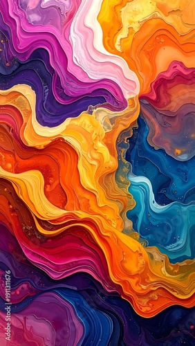 Swirling, vibrant abstract art; fluid shapes, bright colors, painterly style