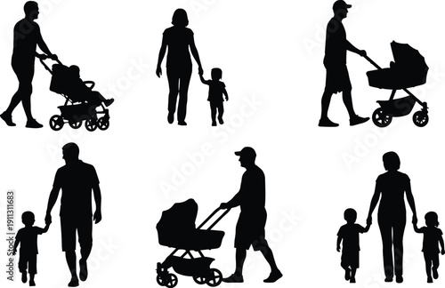 Parent and child silhouettes, family walking with stroller, motherhood fatherhood concept, childcare lifestyle, outdoor parenting, black vector illustration