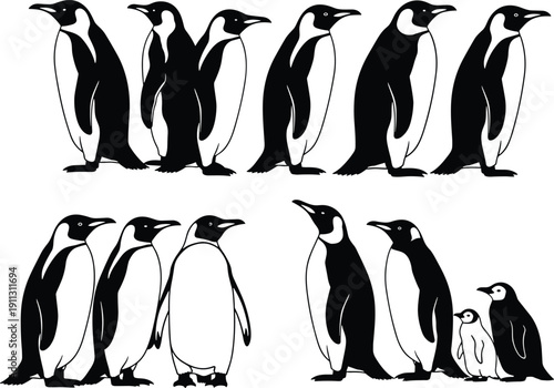 Penguin silhouette illustration set, standing walking penguins with chick, antarctic wildlife animals, black and white vector collection