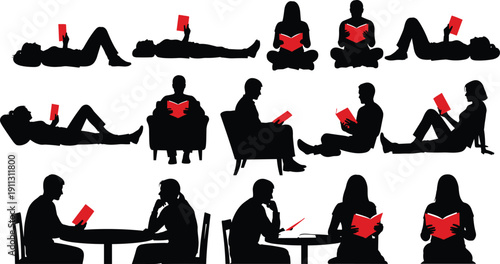 People reading book silhouette illustration set showing men and women relaxing studying and learning in different positions isolated on white background