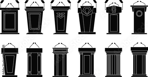 Podium and lectern icons set for speeches presentations debates, political conference stage vector illustration isolated