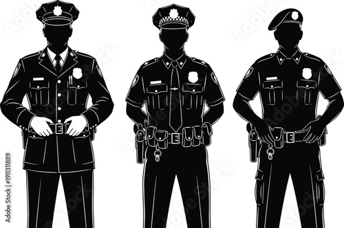 Police officer silhouette illustration set, law enforcement uniform characters, security authority figures, black vector icons, public safety concept