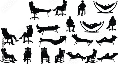 Relaxing people silhouettes, sitting lying resting poses, leisure lifestyle concept, men women relaxing chairs hammocks, black white vector illustration set