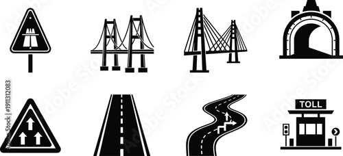 Road infrastructure icons set with bridge tunnel highway toll road signs, transportation and traffic symbols vector illustration