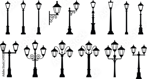 Vintage street lamp silhouettes vector set, classic urban lantern collection, decorative outdoor lighting icons, retro lamppost illustration isolated, elegant design elements pack