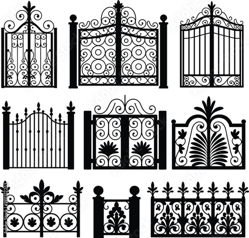 Vintage wrought iron gate and fence collection, decorative ornamental metal vector illustration set with floral scrollwork architectural entrance elements