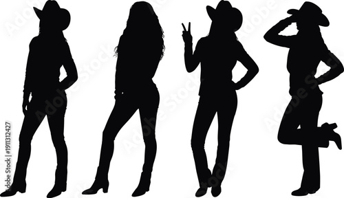 Western cowgirl silhouette collection vector illustration, fashionable country women in cowboy hats posing isolated on white background, stylish female icon set