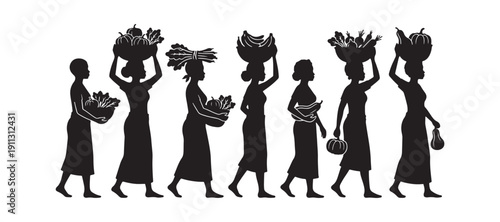 Shape of African female agricultural workers with produce. African laborers showcasing their harvest, vector illustration on a plain white background.