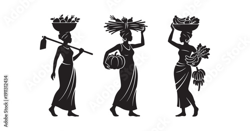 Outline of African women farmers holding fruits and veggies. African farmers with their harvest, vector art set against a white backdrop.