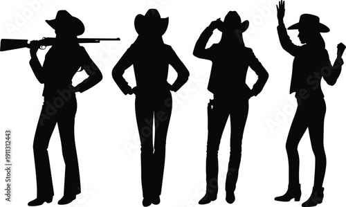 Western cowgirl silhouette collection vector illustration, female cowboy characters with hats boots rifle poses, wild west fashion women isolated design set
