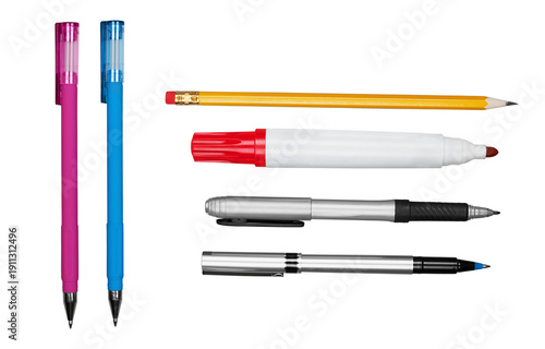 Canvas Print a collection of writing instruments including pens, a pencil, and a marker, neatly arranged on a plain background, showcasing essential tools for study and office work