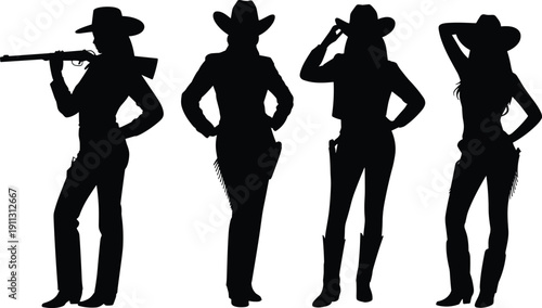 Western cowgirl silhouettes vector illustration set, female cowboy poses with hats boots and rifle, wild west fashion characters isolated design