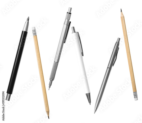 Tableau sur toile dynamic arrangement of various writing tools, including pencils and pens, presented on a transparent background for versatile graphic design use in projects
