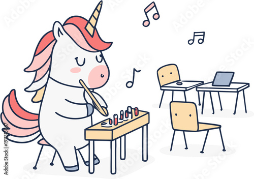 Sweet Unicorn Playing a Small Colorful Xylophone in Music Classroom