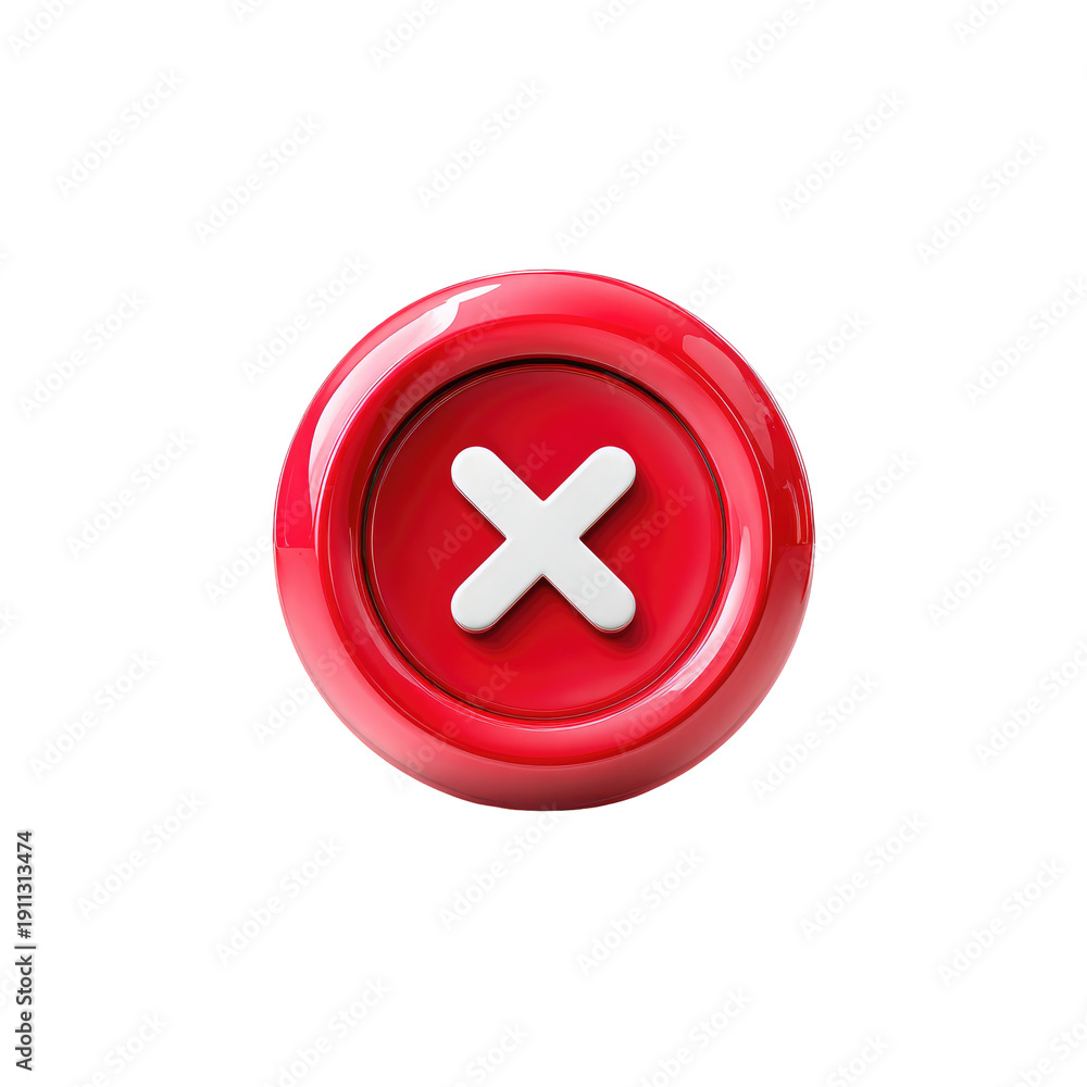 Obraz premium Red glossy button with white X mark, isolated on black background.