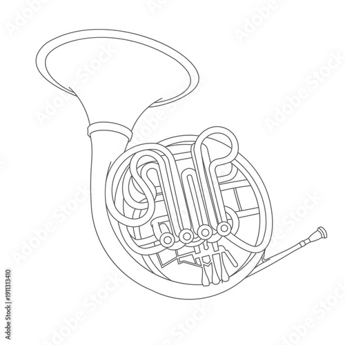French horn with detailed tubing and bell, brass wind instrument