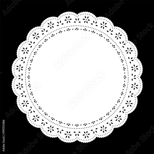 Vintage Eyelet Lace Doily Round Place Mat and Frame,  white on black. Copy space for pictures, albums, scrapbooks, holidays, setting table and cake decorating. 