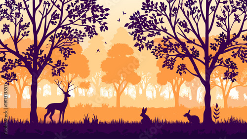Serene forest scene with deer and rabbits in warm sunset light