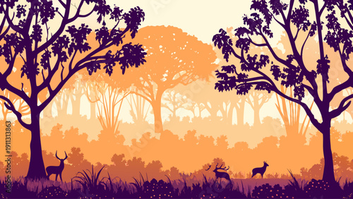 Serene forest landscape with deer grazing under sunset