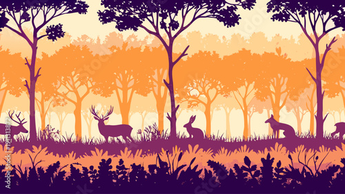 Serene forest scene with deer and wildlife at sunset