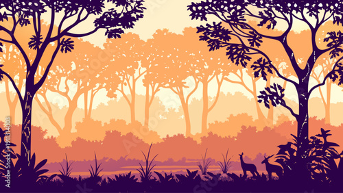 Serene forest landscape with deer at sunset