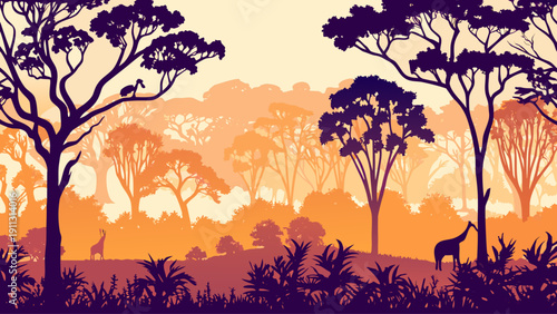 Serene African savannah at sunset with giraffes and trees