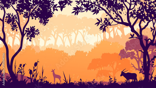 Serene forest scene with deer grazing at sunset