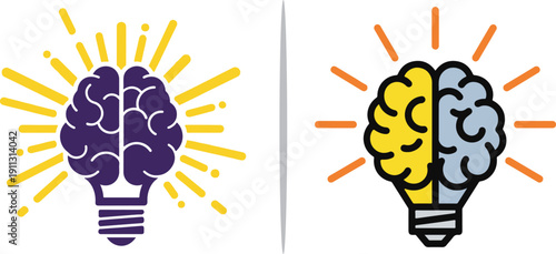 A diverse collection of brain lightbulb icons in styles ranging from vintage stamps and pixel art to geometric wireframes and shattered effects, representing mental health, ideas, and innovation.